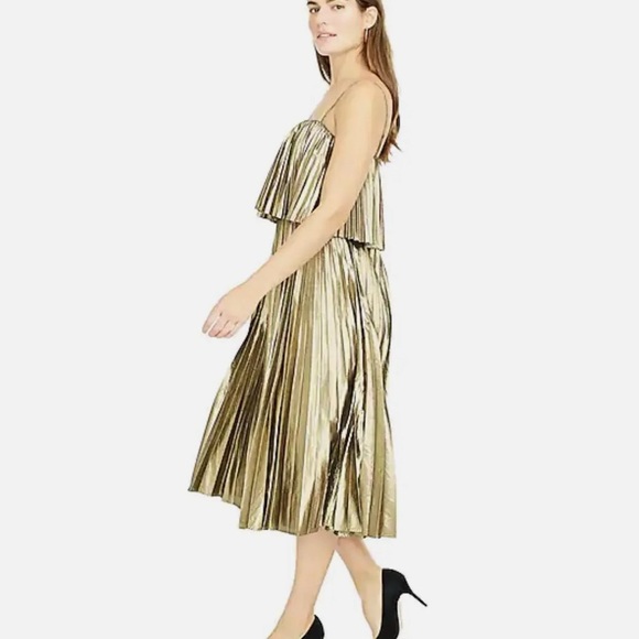 J Crew Pleated Metallic Gold/Black Midi Party Dress - Picture 3 of 7